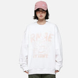 Model wearing the white Floral Smiley Sweatshirt in a gray background