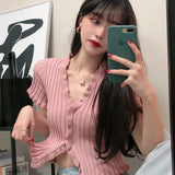 Model wearing the pink Ribbed Button-Up T-Shirts 