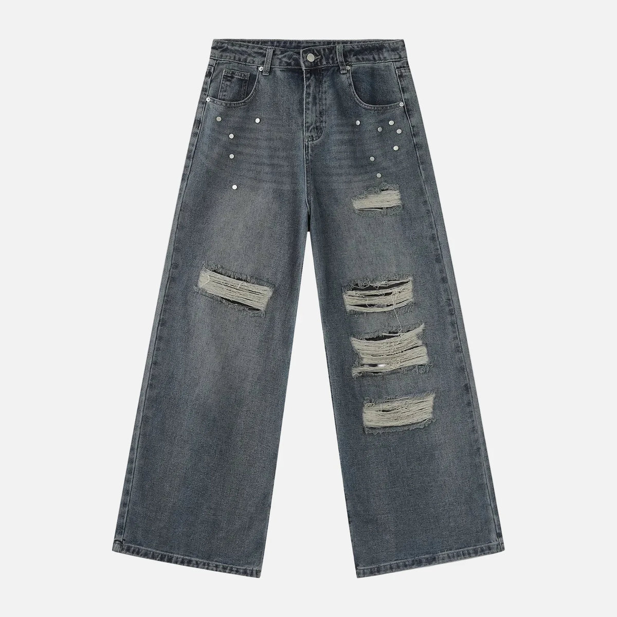 Stylish Patchwork Metal Studs Distressed Jeans