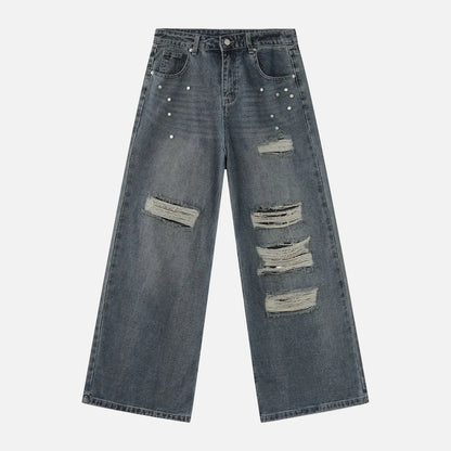 Stylish Patchwork Metal Studs Distressed Jeans
