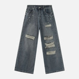 Stylish Patchwork Metal Studs Distressed Jeans