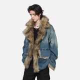 Y2K Washed Distressed Denim Padded Fur Jacket