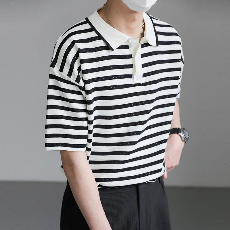 Classic Luxury Striped Polo Button Down T-Shirt