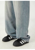 Solid Washed Distressed Wide Leg Jeans