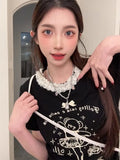 Sweet Cartoon Bear Printed Lace T-Shirt