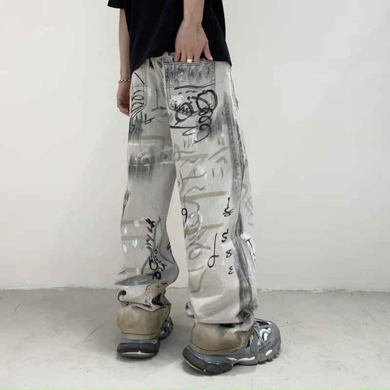 Graffiti Print Loose Fit Wide Jeans