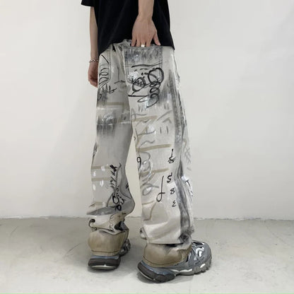 Graffiti Print Loose Fit Wide Jeans