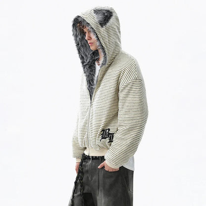 Brushed Striped Rabbit Faux Fur Hooded Jacket