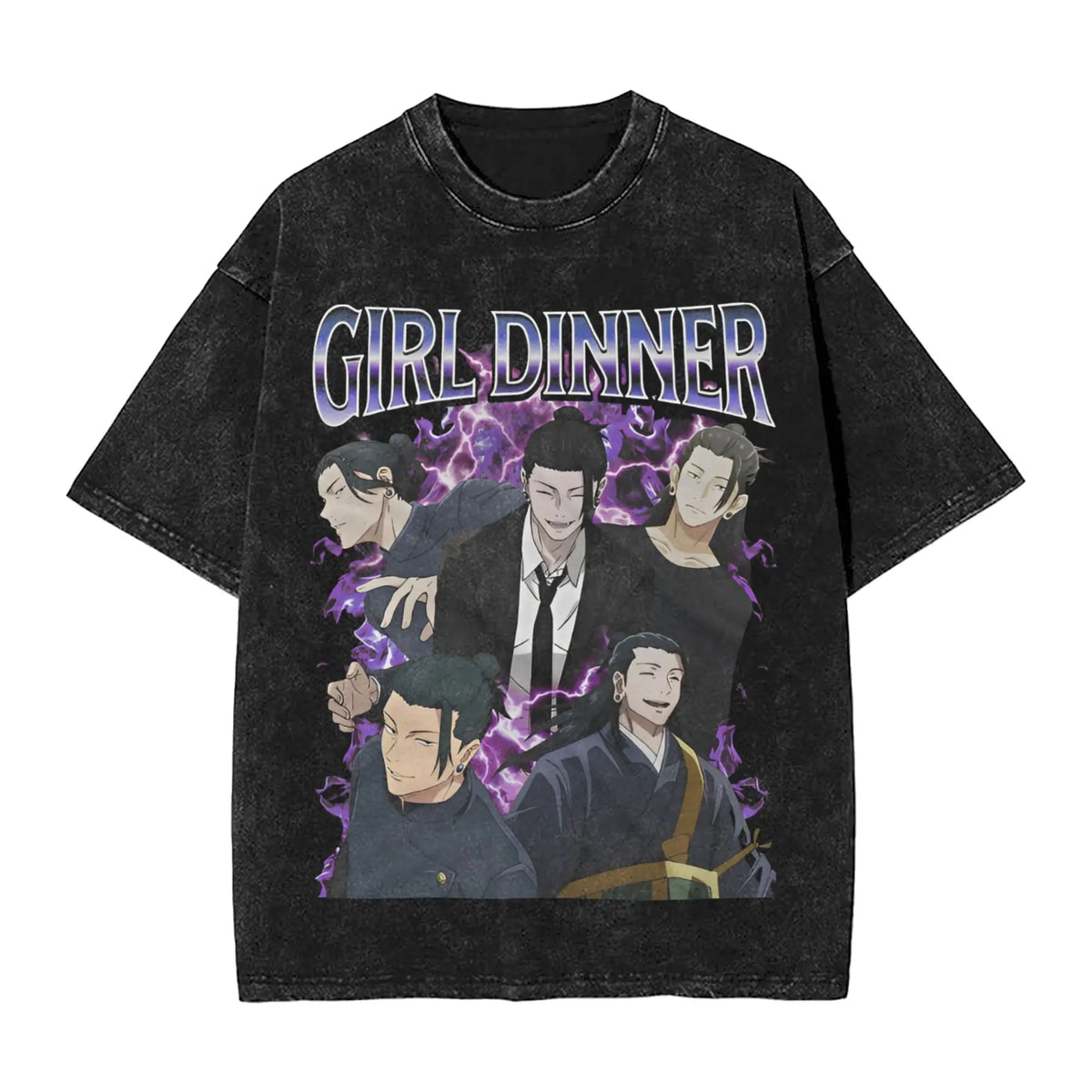 Anime Girl Dinner Print Washed T-Shirt