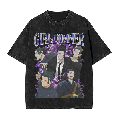 Anime Girl Dinner Print Washed T-Shirt