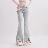 Women Retro Lace Up High Waist Straight Denim Jeans