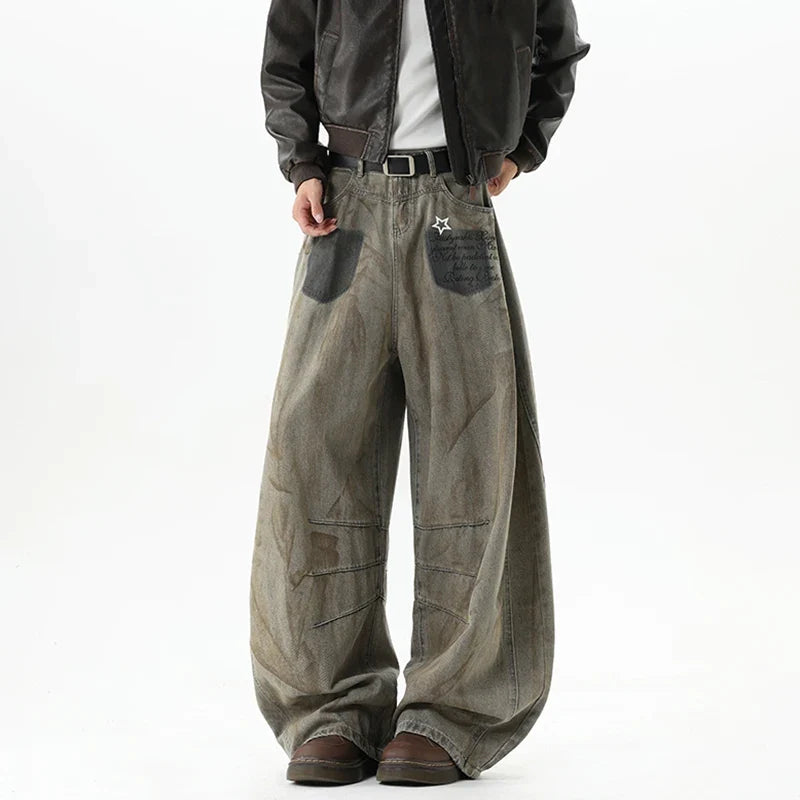 American Style Star Printing Dirty Dying Denim Jeans