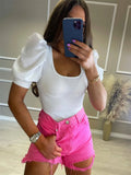 Women Ribbed Buffed Shoulder Top