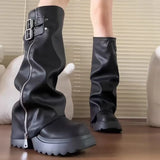 Edgy Spliced Thick Sole Knee-High Zipper Boot