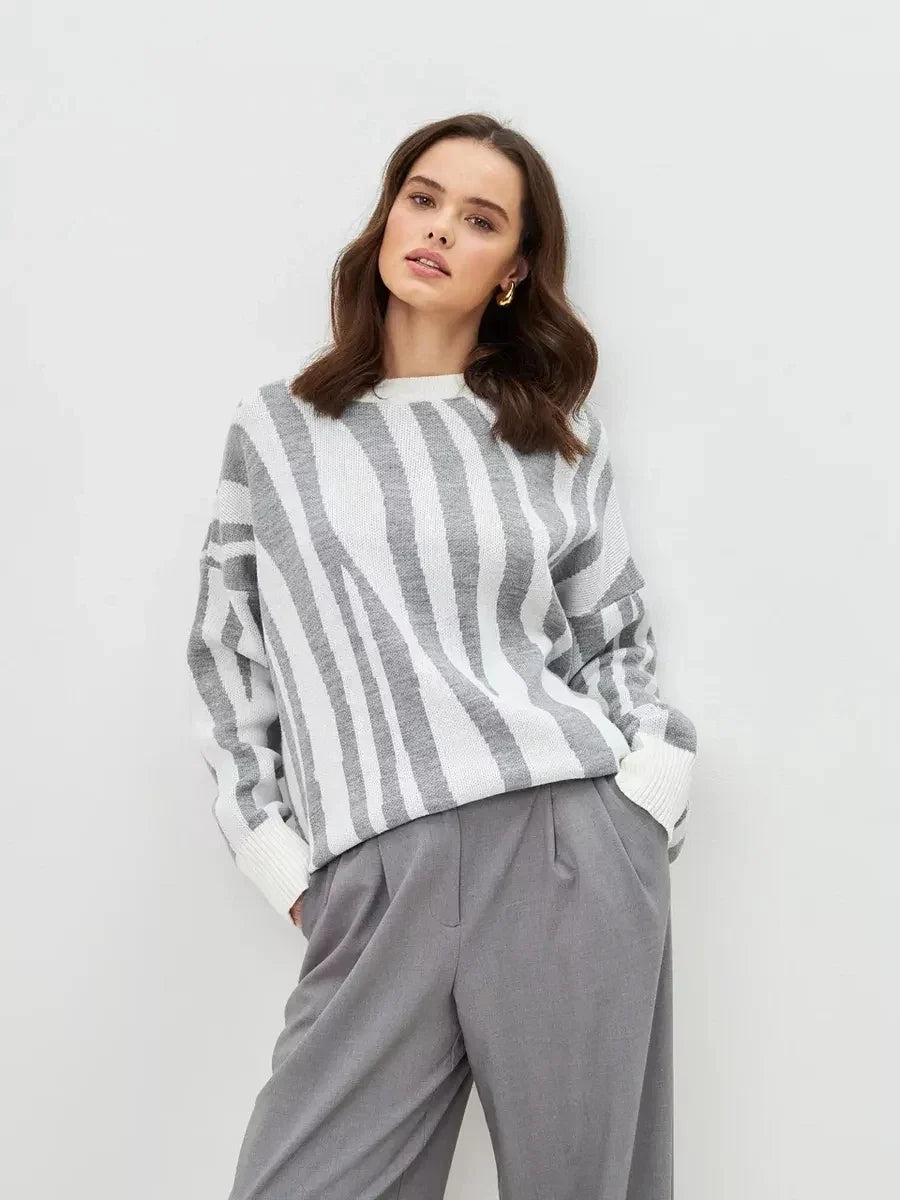 Women Striped Oversized Knitted Pullover Sweater