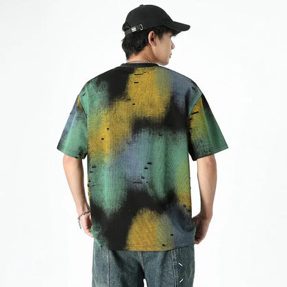 Trendy Tie Dye Ripped Hole Short Sleeve T-Shirt