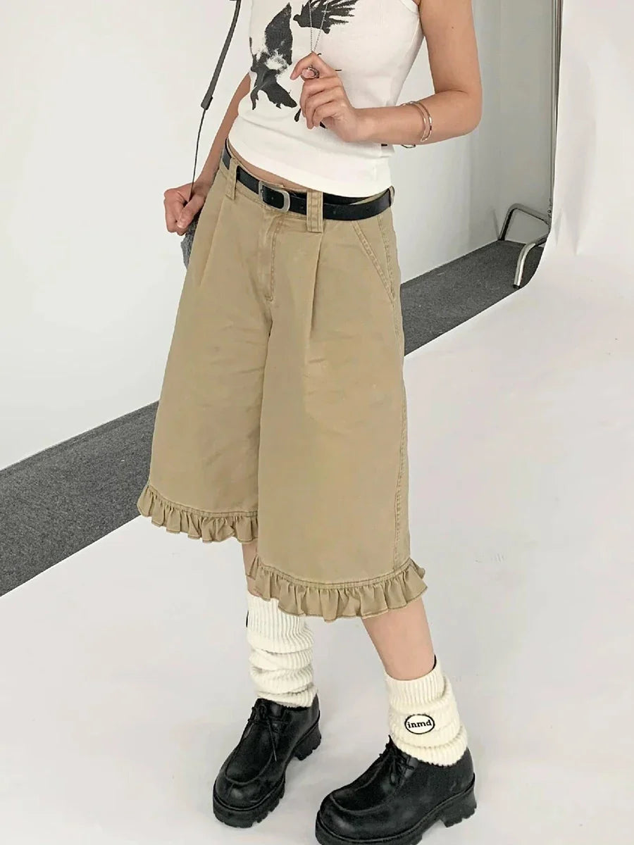 Chic Khaki Ruffled High Waist Jorts