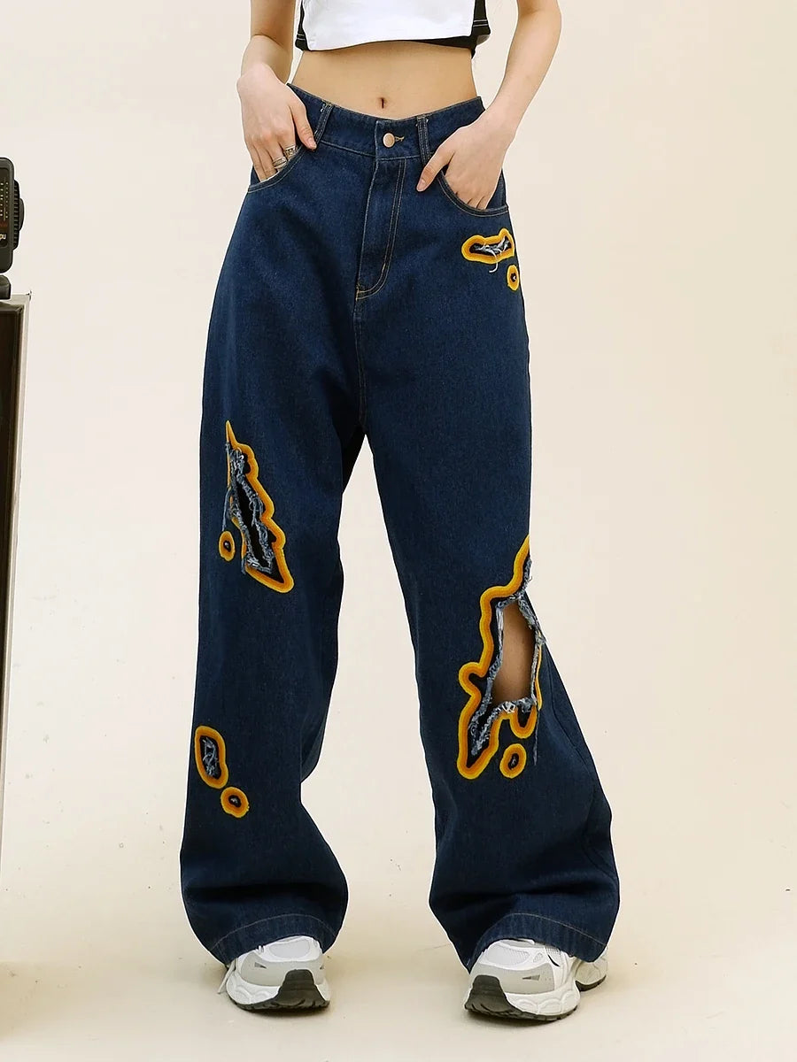 Womens Retro Flame Loose Ripped Jeans