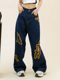 Womens Retro Flame Loose Ripped Jeans