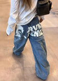 Japanese Style Printing Wide Leg Denim Jeans