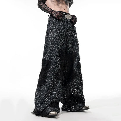 Pearl Patchwork Sequins Denim Jeans