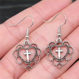 Silver Color Heart Cross Earrings