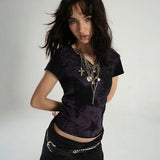 Model wearing the black purple Graphic Short-Sleeve T-Shirt 