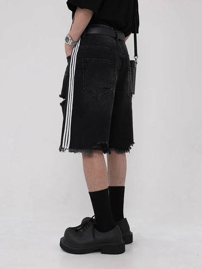 Side-Striped Ripped Denim Shorts