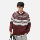 Soft Textured Knit Fair Isle Zipper Cardigan