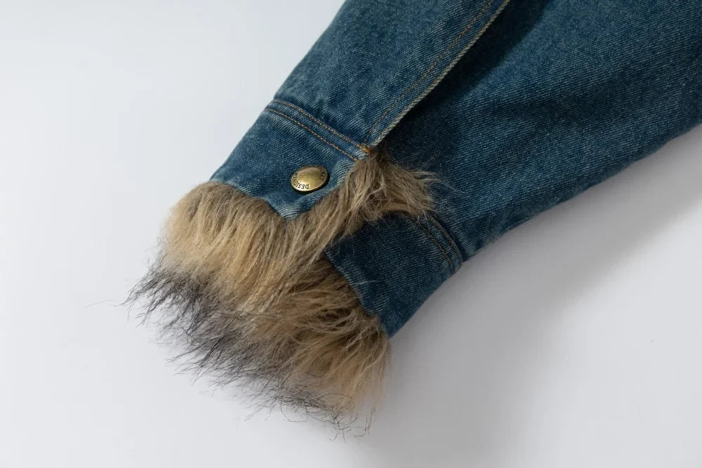 Y2K Washed Distressed Denim Padded Fur Jacket