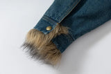 Y2K Washed Distressed Denim Padded Fur Jacket