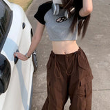 Women Cool Brown Vintage Drawstring Cargo Pants