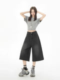 Women Casual Chic Black Wide Leg Denim Jorts