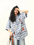 Blue Plaid Cartoon Character Embroidered Shirt