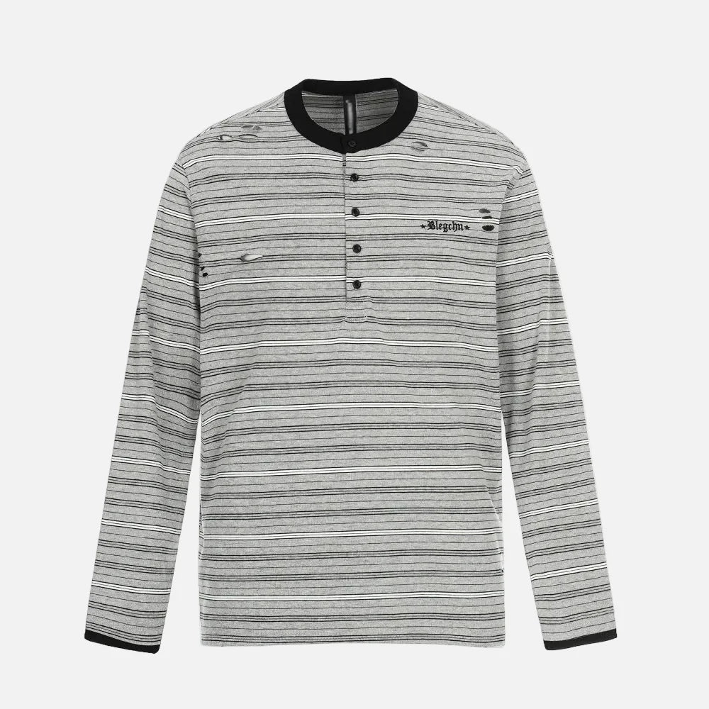 Elevated Ripped Henley Collar Long Sleeve T-Shirt