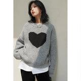 Heart Print Gray Knitted Oversize Sweater