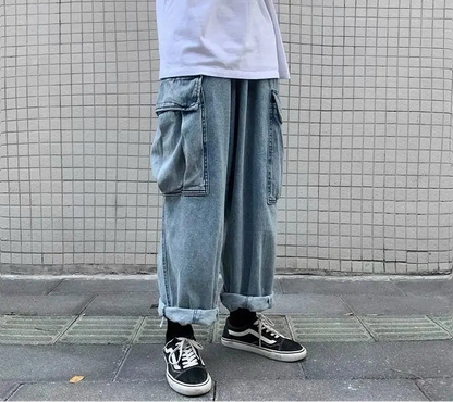Handsome Retro Wide Leg Denim Cargo Jeans