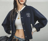 Women Color Blocking Embroidered Baseball Jacket