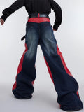 Streetwear Red Patchwork Baggy Wide Leg Jeans