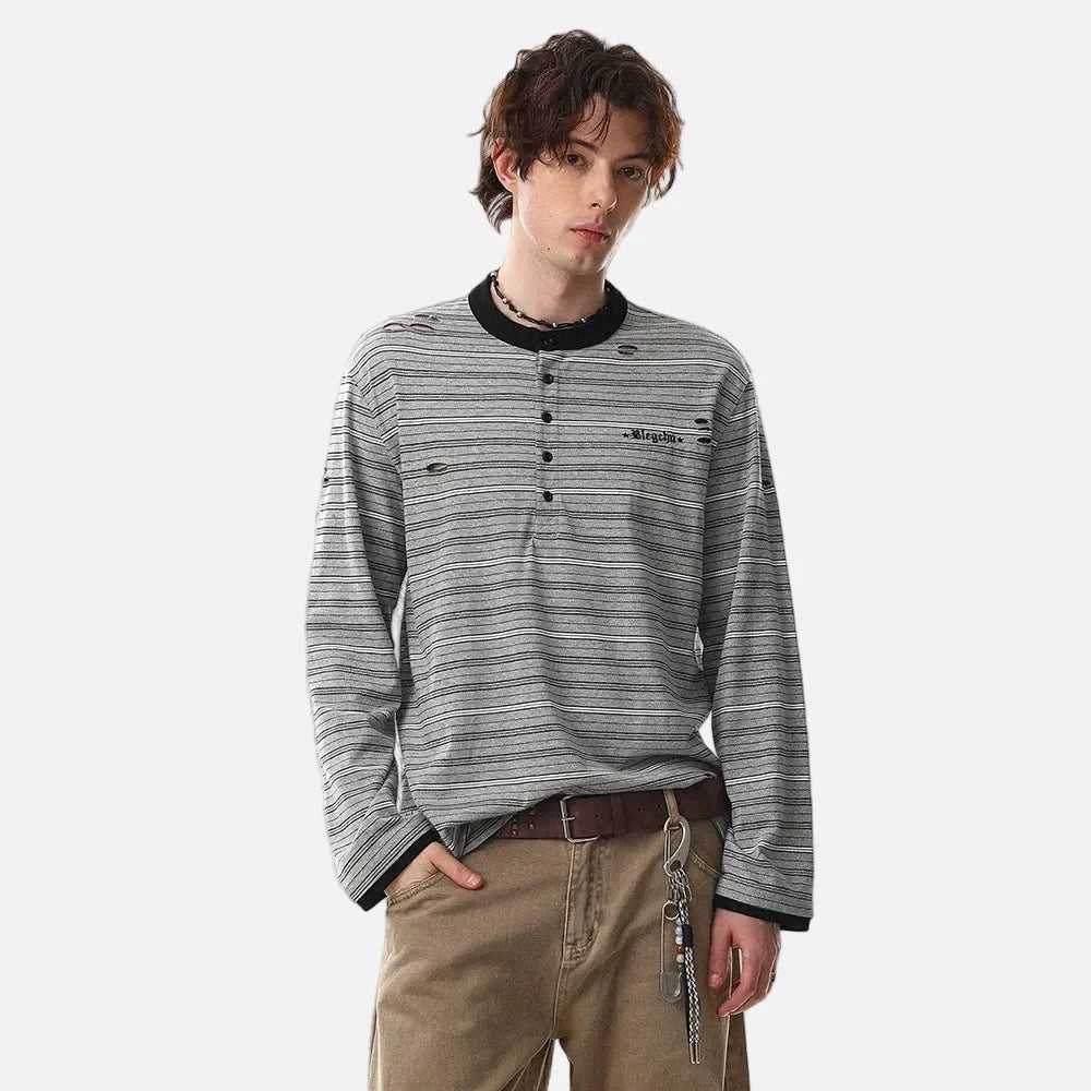 Elevated Ripped Henley Collar Long Sleeve T-Shirt