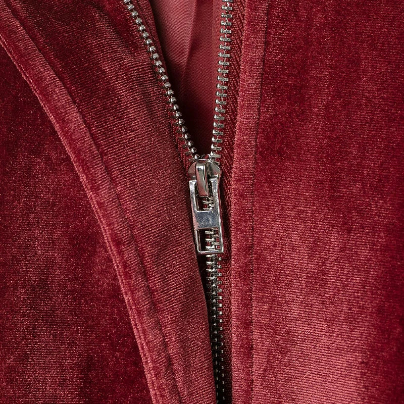 Vintage Red Embroidery Zipper Faux Fur Jacket