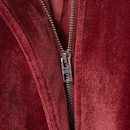 Vintage Red Embroidery Zipper Faux Fur Jacket