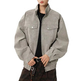 Solid Color Stand Collar Zipper Jacket