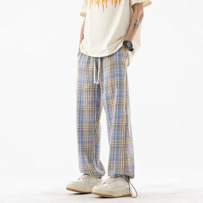 Plaid Drawstring Straight Pants