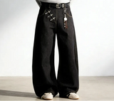 Unisex Black Loose Fit Wide Leg Jeans