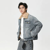 Streetwear Turn Down Fur Collar Washed Denim Jacket