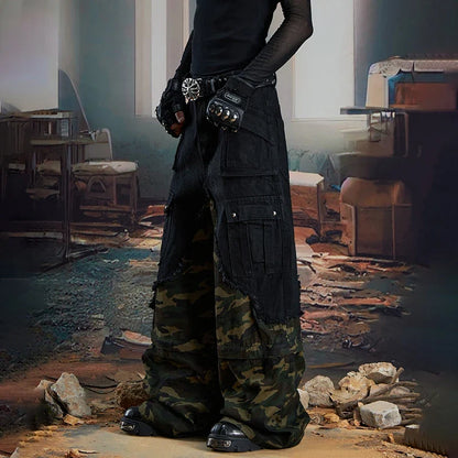 Streetwear Camouflage Splicing Wide Leg Cargo Jeans