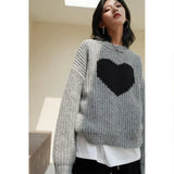 Heart Print Gray Knitted Oversize Sweater