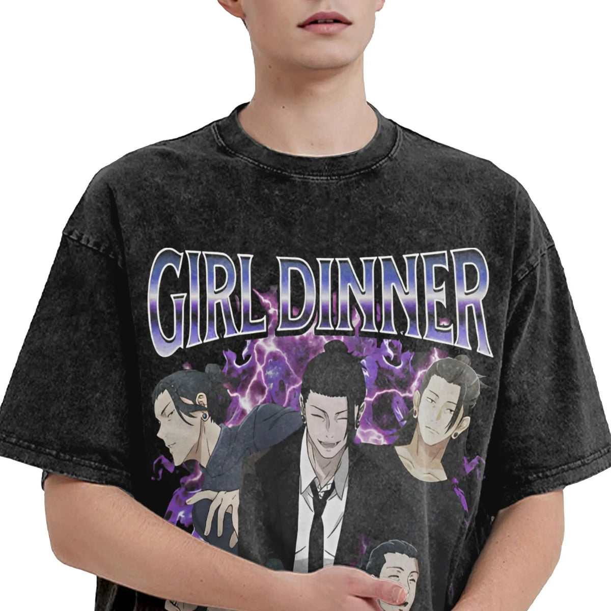 Anime Girl Dinner Print Washed T-Shirt