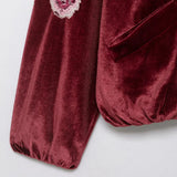 Vintage Red Embroidery Zipper Faux Fur Jacket